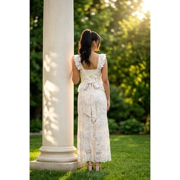 Just Me Jumpsuit Womens Small Ivory Floral Lace Wide-Leg Ruffle Straps - Picture 2 of 5